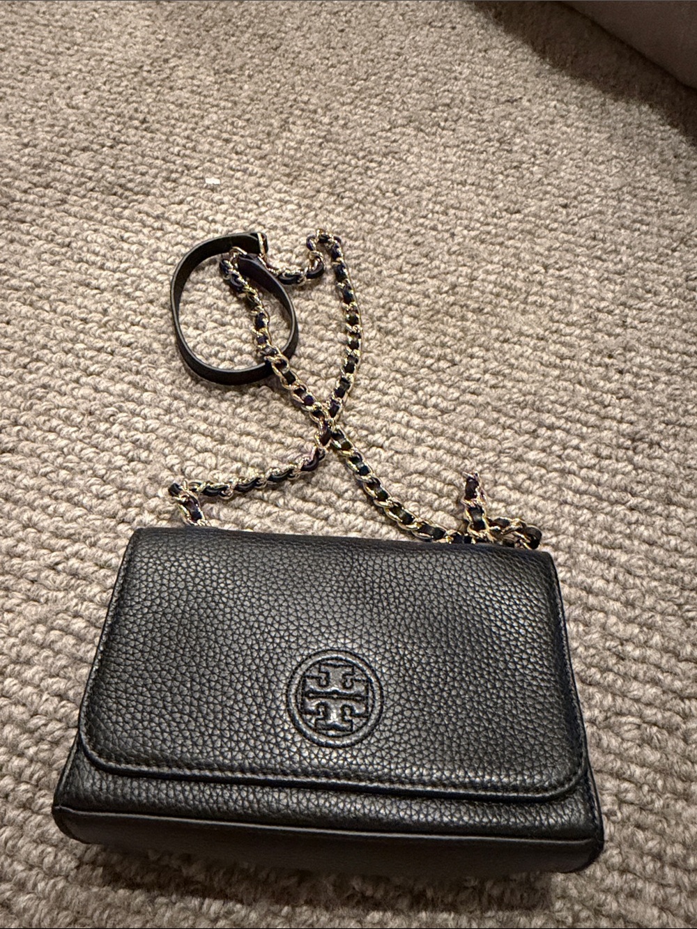 Tory Burch Black Pebbled Leather Chain-Trim Crossbody